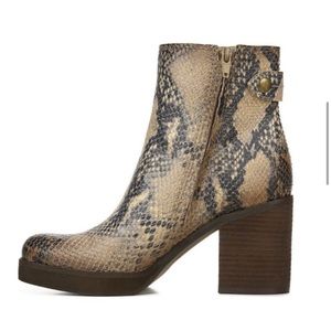 Zodiac snakeskin booties boots brown tan chunky heel squared toe snake print